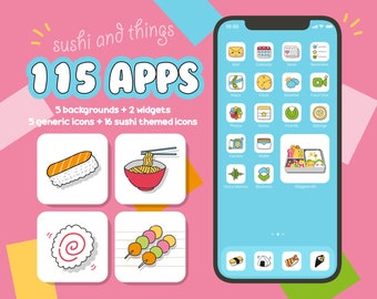 IOS 16 App Icons 115 Pack Doodle Kawaii Handgezeichnete Sushi Japanisch - Pink Blau Grün Gelb Phone Icons Homescreen Phone Theme iPhone Android