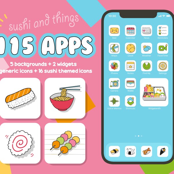 IOS 16 App Icons 115 Pack Doodle Kawaii Hand Drawn Sushi Japanese - Pink Blue Green Yellow Phone Icons Homescreen Phone Theme iPhone Android