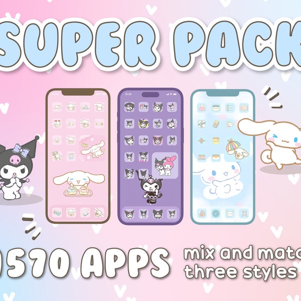 IOS 16 App Icons 1570 Pack - Cute Kawaii Pink Blue Purple Bunny Puppy Cartoon - Super Pack 3 Themes  - Homescreen Phone Theme iPhone Android