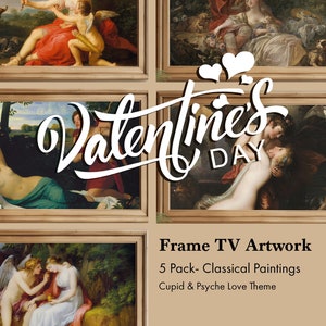 Pode incluir: Cinco pinturas emolduradas que representam cenas do mito grego de Cupido e Psique. As pinturas são de estilo romântico e apresentam figuras em várias poses. As molduras são douradas e têm um design simples. O texto "Valentine's Day" está escrito em letras cursivas brancas sobre as pinturas.
