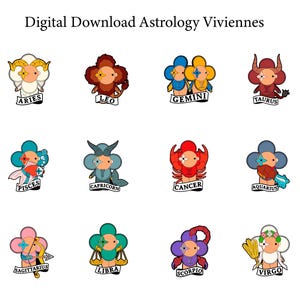 May include: A set of 12 colorful illustrations of the zodiac signs. Each sign is depicted as a cartoon character with a flower-like design. The signs are Aries, Leo, Gemini, Taurus, Pisces, Capricorn, Cancer, Aquarius, Sagittarius, Libra, Scorpio, and Virgo.