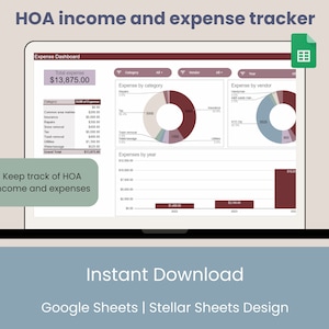 May include: A laptop screen displaying a Google Sheets spreadsheet template for tracking HOA income and expenses. The spreadsheet includes charts and graphs showing expenses by category, vendor, and year. The total expense is $13,875.00. The text "Keep track of HOA income and expenses" is displayed on the screen.
