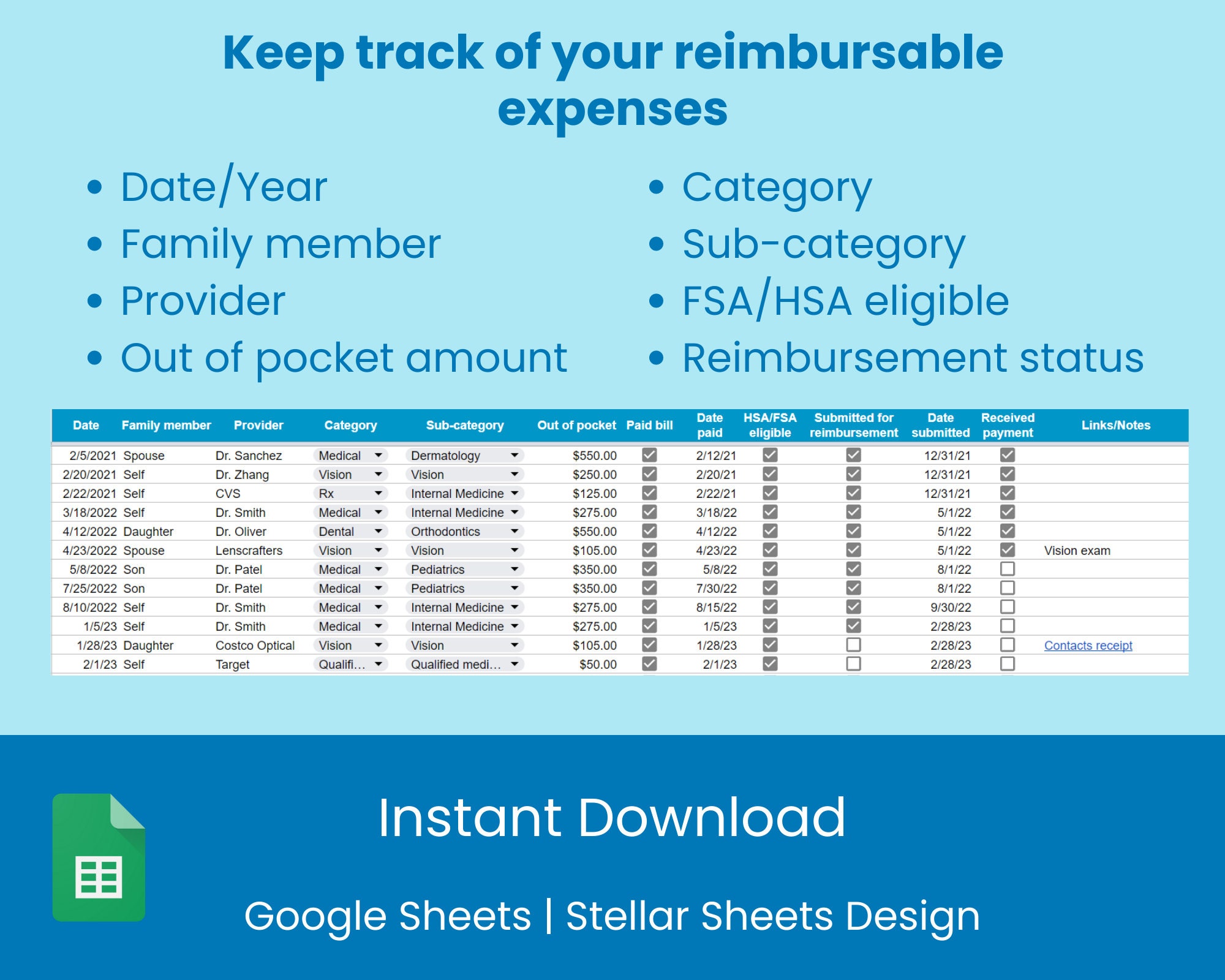 FSA HSA Medical Healthcare Deductible Expense Reimbursement Tracker Spreadsheet Template Google