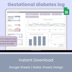 May include: A screenshot of a Google Sheet template for tracking gestational diabetes. The template includes a dashboard with charts and graphs showing glucose levels by date and meal type. The text "Gestational diabetes log" is at the top of the sheet.