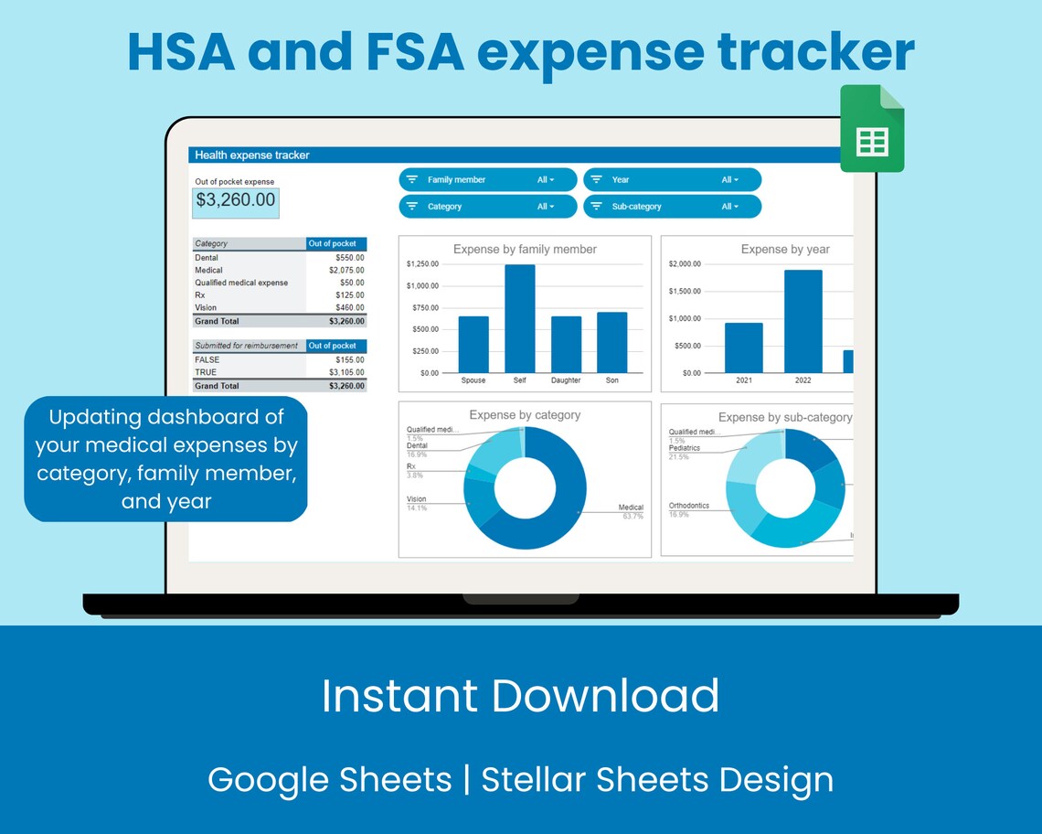 FSA HSA Medical Healthcare Deductible Expense Reimbursement Tracker Spreadsheet Template Google