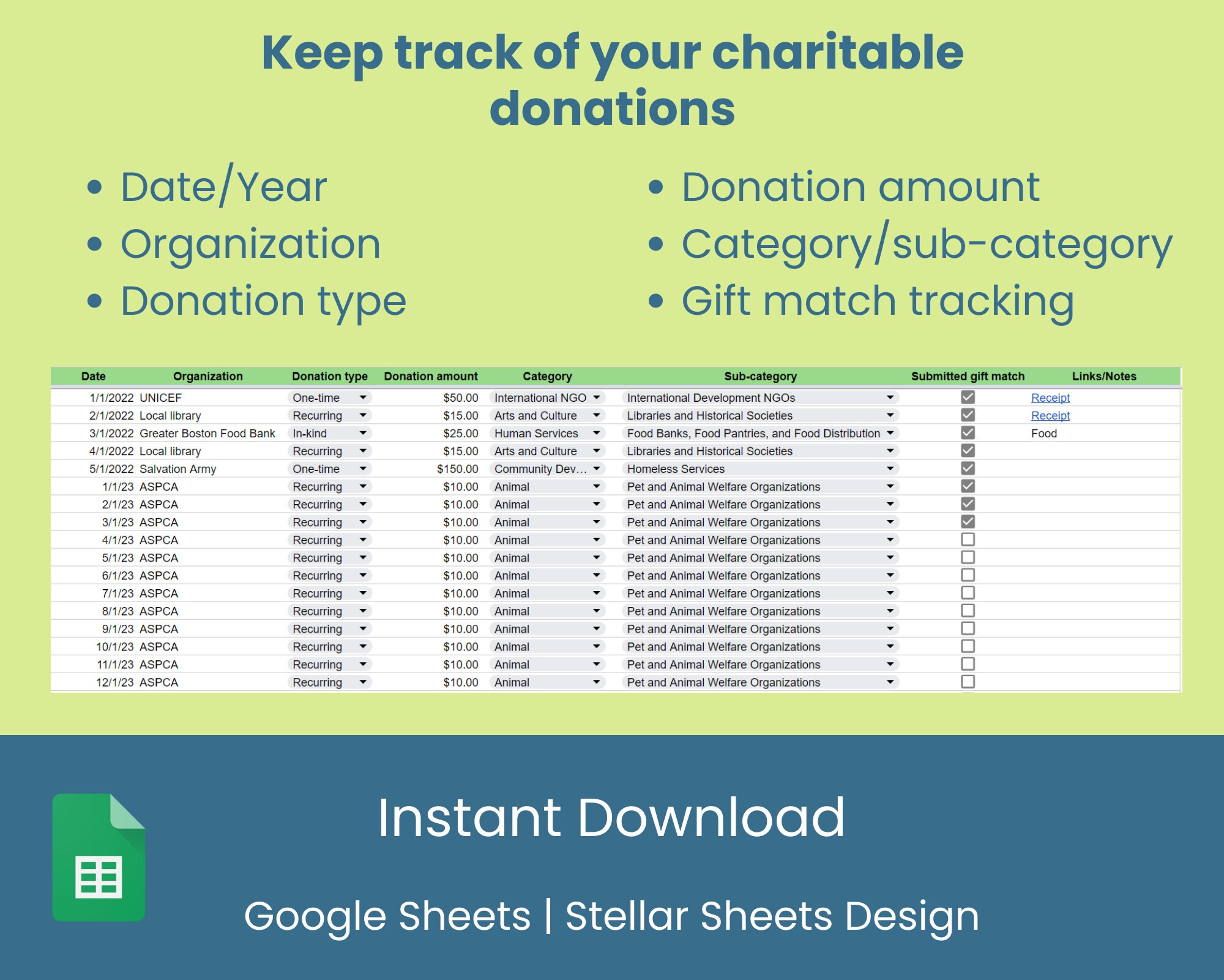 2023 Charitable Nonprofit Donations Expense Tracker Spreadsheet