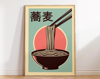 Soba Noodles |Japanese Print |Kitchen Art |Food Decor |Noodles Prints |Blue and orange poster