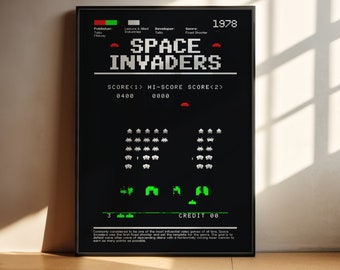 Space Invaders PRINTABLE Wall Art | Space Invaders Poster | Retro game print| Black Decor| Digital DOWNLOAD Print png