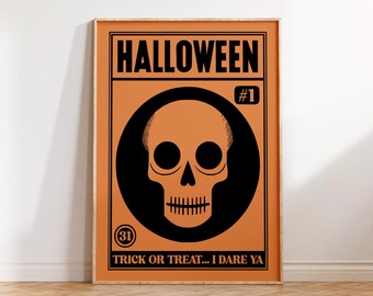 Trick or Treat | Funny Quote | Living room Art| Halloween Decor| Skull Print |Orange poster