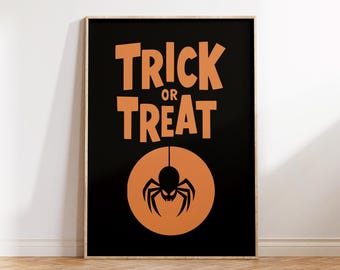 Araña de truco o trato | Impresión tipográfica ? Arte de la sala| Decoración de Halloween| Impresiones espeluznantes | Carteles negros y naranjas