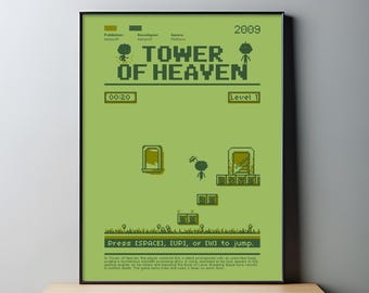 Tower of Heaven PRINTABLE Wall Art | Game Poster | Retro game print| Green Decor| Game Print