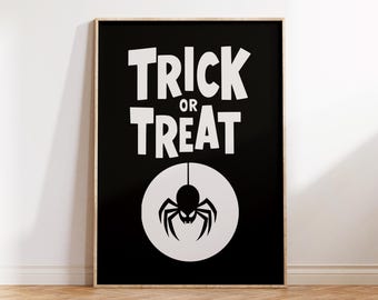 Araña de truco o trato | Impresión tipográfica ? Arte de la sala de estar | Decoración de Halloween| Impresiones espeluznantes | Carteles en blanco y negro