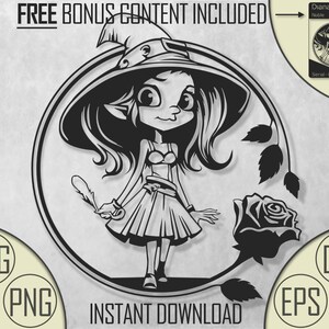Könnte beinhalten: Eine Schwarzweißillustration einer Hexe mit einem spitzen Hut, die einen Zauberstab hält und neben einer Rose steht. Das Bild befindet sich in einem Kreis mit dem Text "FREE BONUS CONTENT INCLUDED" darüber.
