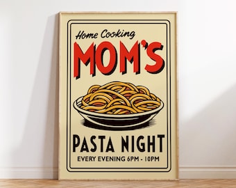 Mom's Pasta |Pasta Print |Kitchen Art |Food Decor |Noodles Prints |Red and beige poster