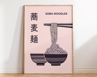 Soba Noodles | Typography Print | Kitchen Art| Food Decor| Noodles Prints |Pink and blue poster