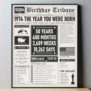 May include: A black and white newspaper-style poster with the headline "50th Birthday Tribune" and the text "1974 The Year You Were Born". The poster includes information about the year 1974, including population statistics, sports events, Billboard top 10 songs, and the US president.