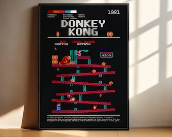 Donkey Kong PRINTABLE Wall Art | Donkey Kong Poster | Retro game print| Black Decor| Digital DOWNLOAD Print png
