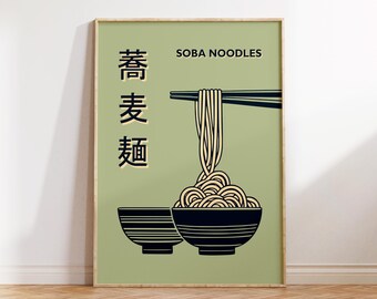 Soba Noodles | Typography Print | Kitchen Art| Food Decor| Noodles Prints |Green and beige poster