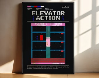 Elevator Action PRINTABLE Wall Art | Elevator Action Poster | Retro game print| Black Decor| Digital DOWNLOAD Print png