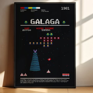 Galaga PRINTABLE Wall Art | Galaga Poster | Retro game print| Black Decor| Digital DOWNLOAD Print png
