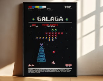 Galaga PRINTABLE Wall Art | Galaga Poster | Retro game print| Black Decor| Digital DOWNLOAD Print png