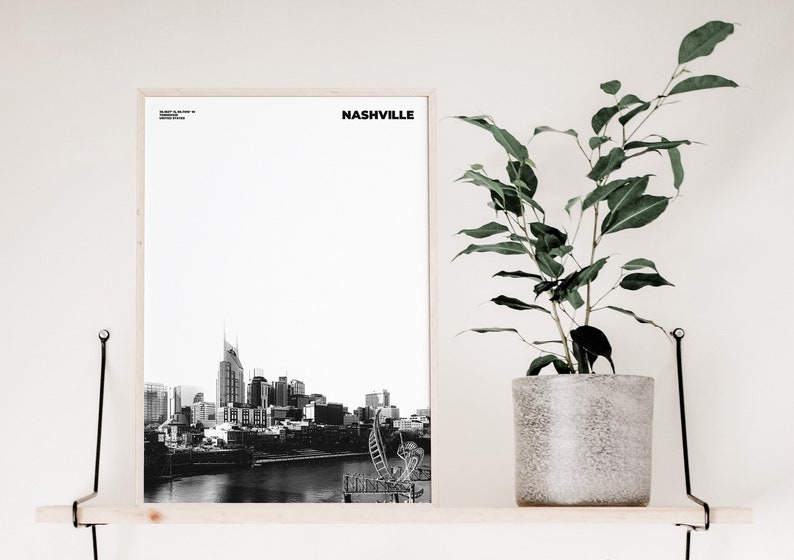 May include: A black and white photograph of the Nashville skyline, including the iconic AT&T building, in a wooden frame on a shelf with a potted plant.