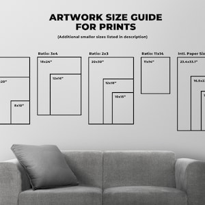 May include: A guide to artwork print sizes with different ratios and international paper sizes. The guide shows the dimensions in inches for each size, including 4x5, 3x4, 2x3, 11x14, and A1-A4.