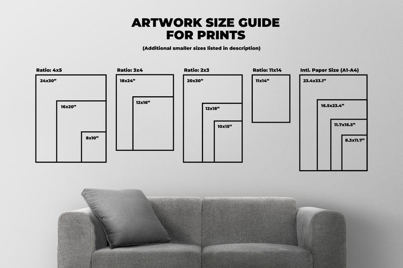 May include: A guide to artwork print sizes with different ratios and international paper sizes. The guide shows the dimensions in inches for each size, including 4x5, 3x4, 2x3, 11x14, and A1-A4.