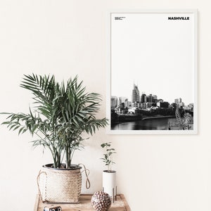 May include: A black and white photograph of the Nashville skyline with the word "NASHVILLE" in white text at the top of the image.