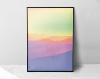 Holografische bergen Print, Iriserende kunst, Landschap Wall Art, Natuur Kunst Print