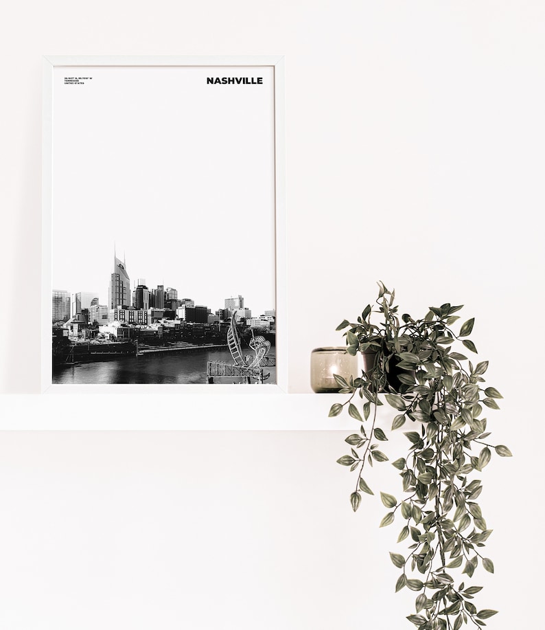 May include: Black and white photograph of the Nashville skyline with the text "NASHVILLE" in a white frame on a white wall. A potted plant hangs from a white shelf below the frame.