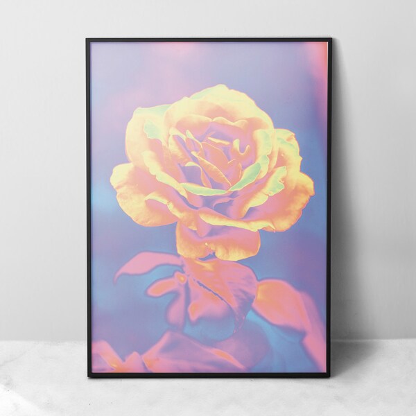 Holographic Rose Print, Iridescent Art, Botanical Wall Art, Nature Art Print