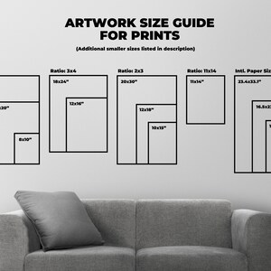 May include: A guide to artwork print sizes with different ratios and international paper sizes. The guide shows the dimensions in inches for each size, including 4x5, 3x4, 2x3, 11x14, and A1-A4.