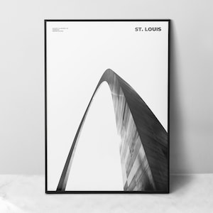 May include: Black and white photograph of the Gateway Arch in St. Louis, Missouri. The arch is a popular tourist destination and a symbol of the city.