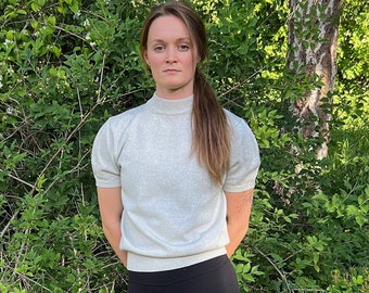 Vintage Silver Mock Neck, Short Sleeve Metallic Top, 90s Size Small-Medium