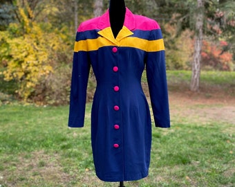 80s Power Dress, Vintage Size 9, Shoulder Pads and Button Front, Navy Blue, Pink and Yellow Colourblock, Memphis Style, Knee-Length