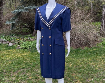 Vintage 80s Navy Sailor Dress: Gold Trim Nautical Button-Up, Size 14