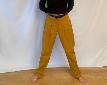 Pantalon baggy taille haute des années 90 pour femme, ocre jaune, vintage taille 8, ceinture large avec passants de ceinture