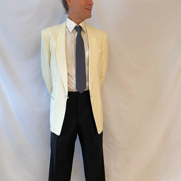 Vintage Ivory 50's Tuxedo, Size 40ish, One Button No Vent Jacket, Black Wool Pants with Side Stripe and Pleats, Union-Made Special Order