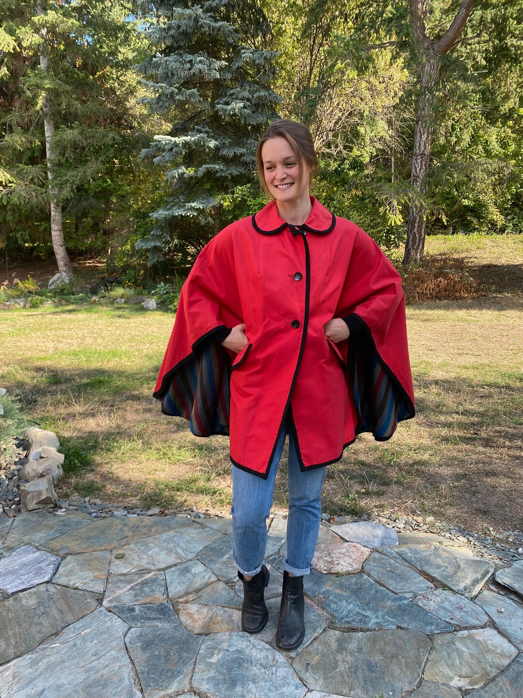 Vintage Couture Lined Red Rain Cape, Iridescent Lined Poncho