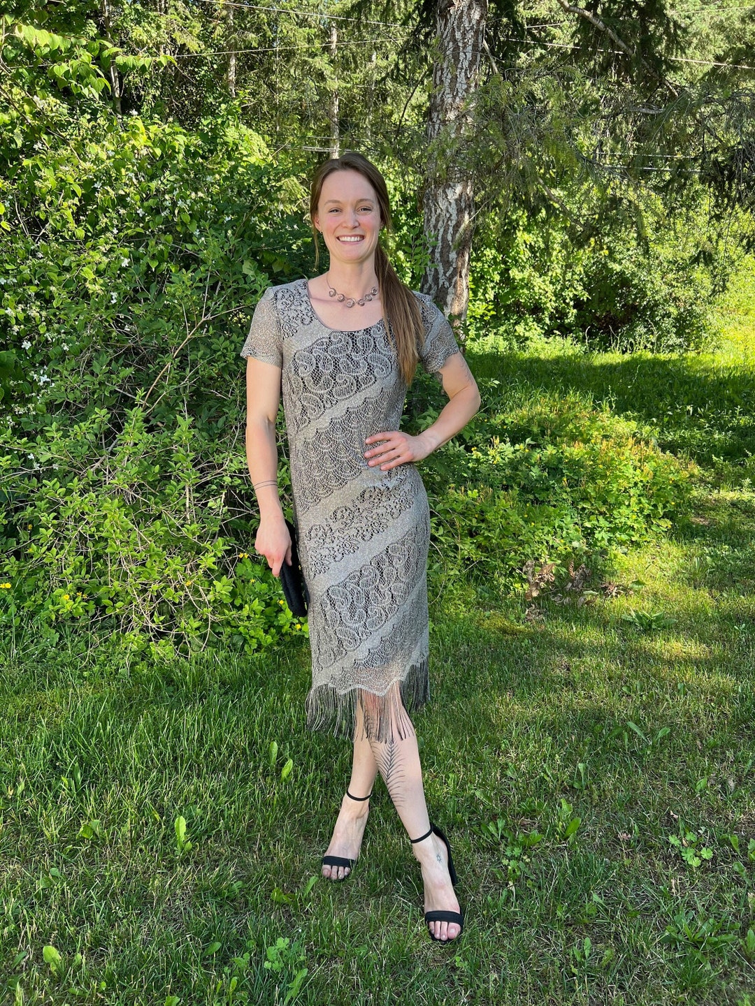 Vintage Silver Lace Fringe Dress, Knee Length Hem, Size S-M, 80s Amoretti  Short Sleeve - Etsy