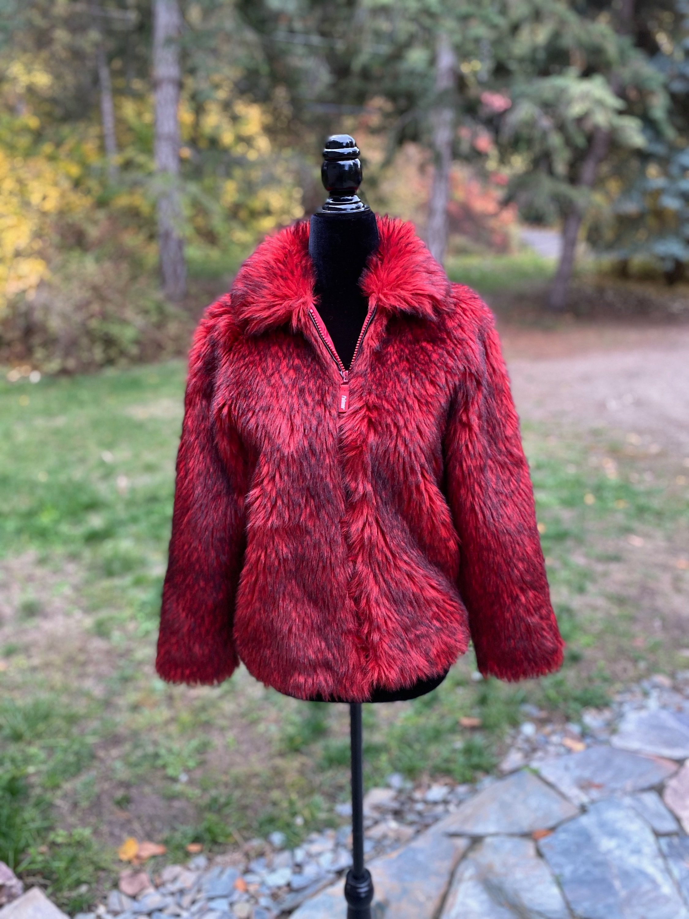 Patterned red faux fur coat