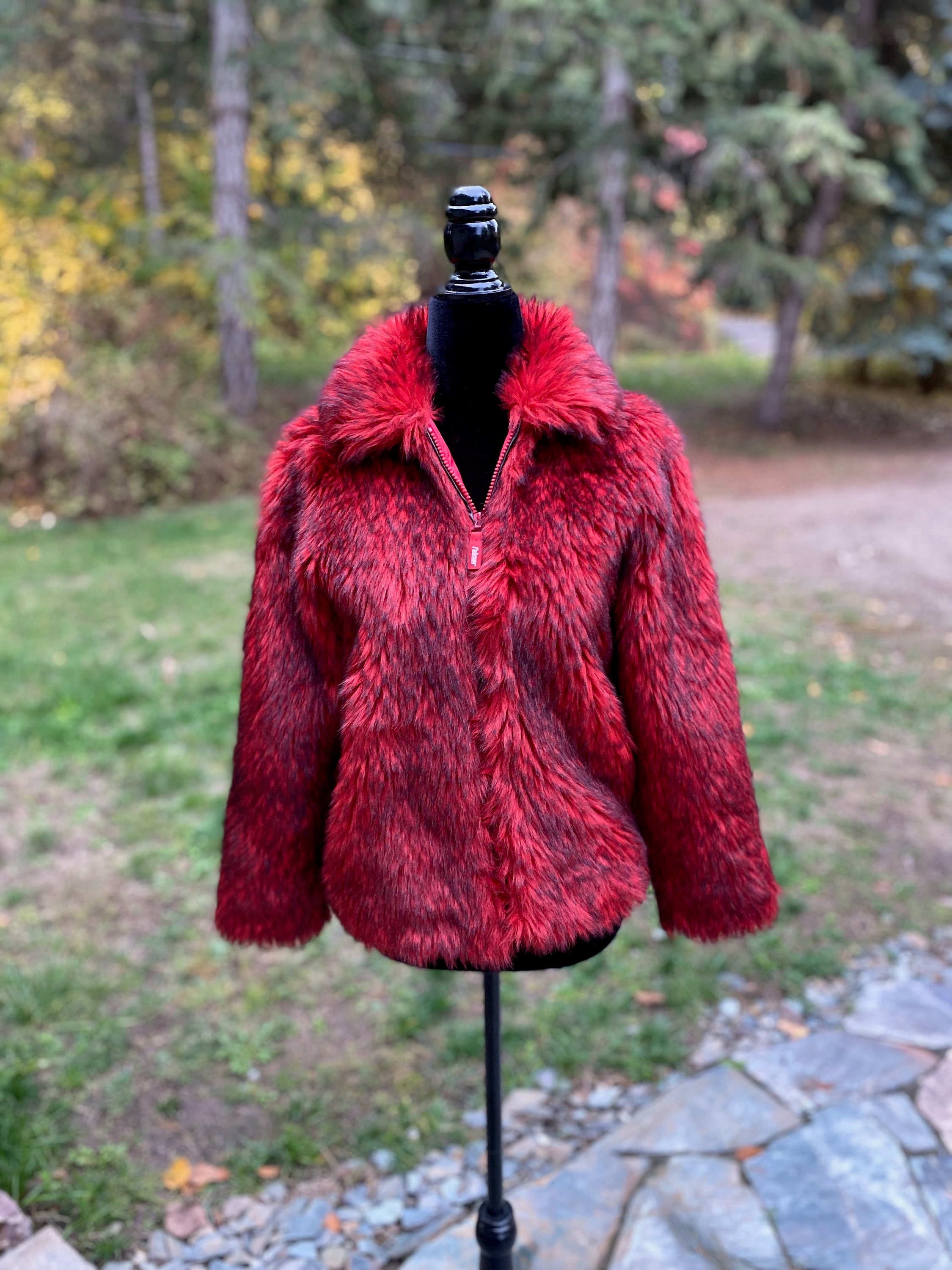 Patterned red faux fur coat