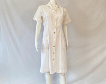 1960s Nurse Dress - Vintage Size 34, White Button Front, Short Sleeves