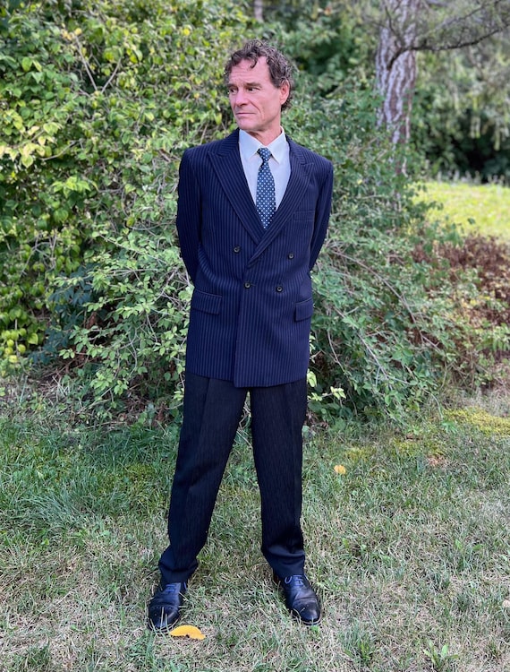 80s Men's Double Breasted Pinstripe Jacket, Quality Vintage Wool