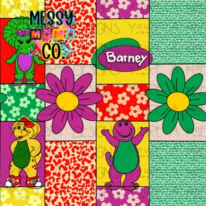 Può includere: Un motivo digitale colorato con il dinosauro Barney in verde e viola, un dinosauro giallo con scarpe da ginnastica rosse, grandi fiori rosa e verdi, stampa leopardata rossa e sfondi floreali gialli con il testo Messy Mama Co. e Barney.
