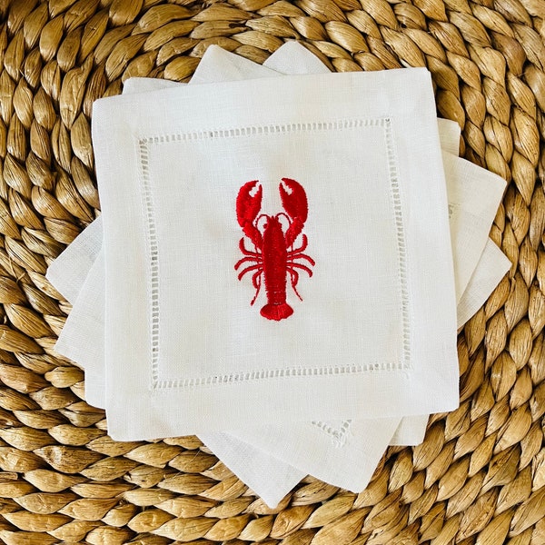 Lobster Embroidered Linen Cocktail Napkins {Set of 4}