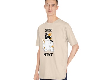 May include: A beige t-shirt with a cartoon cat wearing sunglasses and the text "CHECK MEOWT".