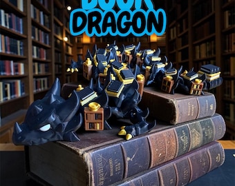 Articulating Book Dragon Fidget Toy, 3D Printed Library Decor, Fantasy Reading Companion