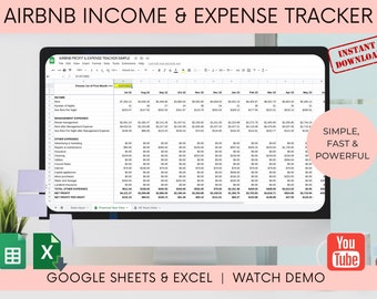 Puede incluir: Una pantalla de ordenador que muestra una hoja de cálculo con el título "Airbnb Income & Expense Tracker". La hoja de cálculo está organizada en columnas para ingresos, gastos y beneficio neto por noche. La hoja de cálculo es para Google Sheets y Excel. La imagen también incluye el texto "Descarga instantánea", "Simple, rápido y potente" y "Ver la demostración".